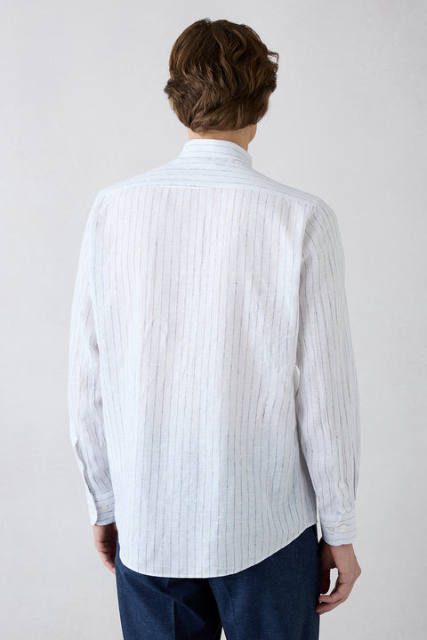 Mid Navy Long Sleeve Regular Fit Striped Cotton Linen Breathable Shirt