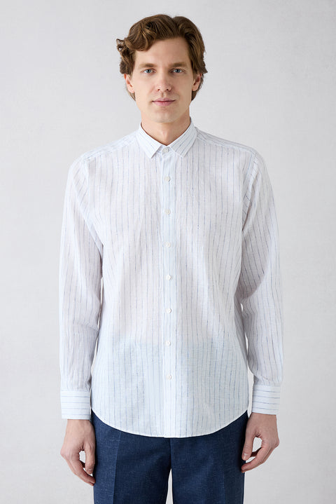 Mid Navy Long Sleeve Regular Fit Striped Cotton Linen Breathable Shirt