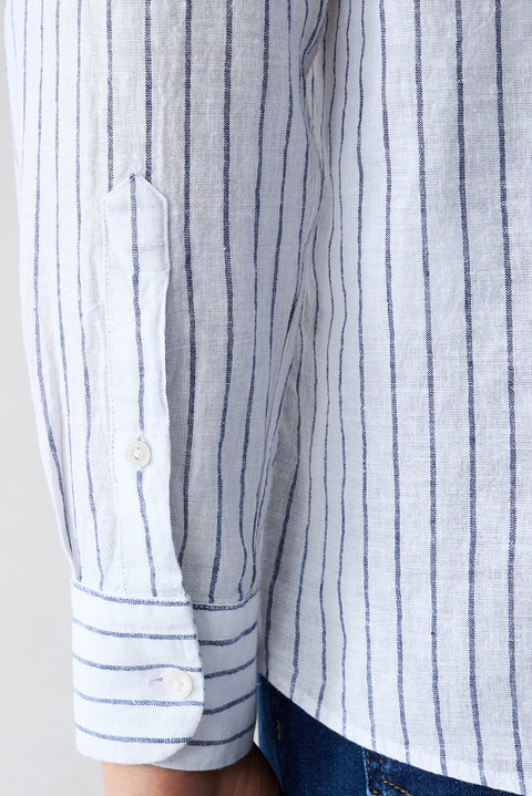 Dark Navy Long Sleeve Regular Fit Striped Cotton Linen Breathable Shirt