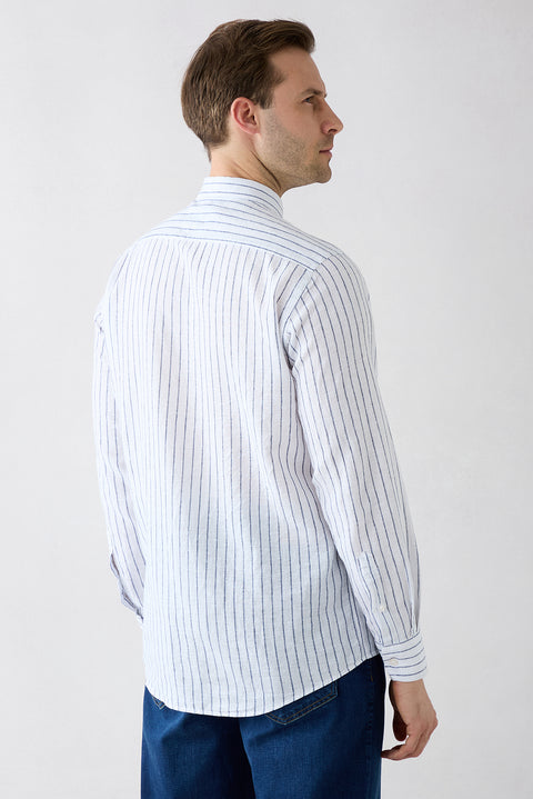 Dark Navy Long Sleeve Regular Fit Striped Cotton Linen Breathable Shirt