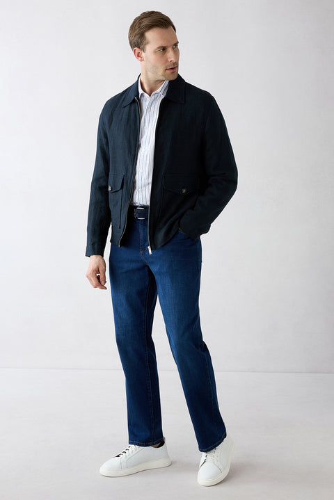 Dark Navy Long Sleeve Regular Fit Striped Cotton Linen Breathable Shirt