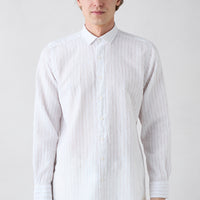 Light Brown Long Sleeve Regular Fit Striped Cotton Linen Breathable Shirt