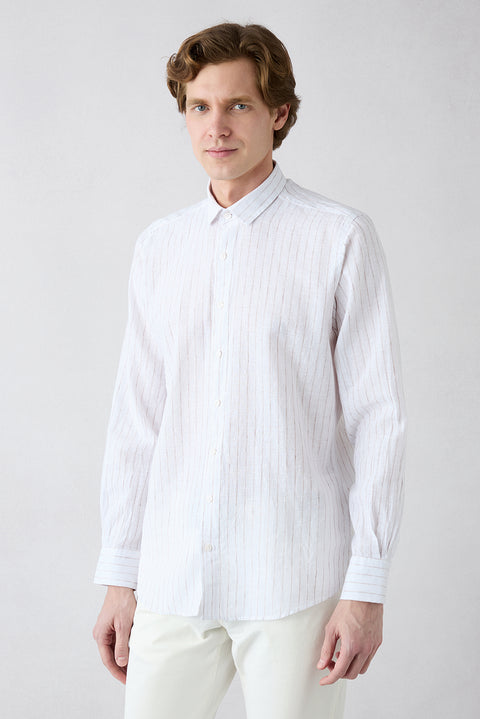 Light Brown Long Sleeve Regular Fit Striped Cotton Linen Breathable Shirt