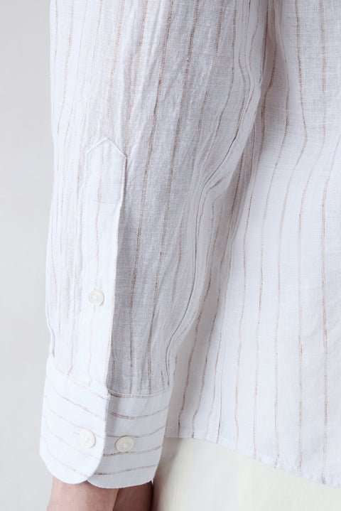 Light Brown Long Sleeve Regular Fit Striped Cotton Linen Breathable Shirt