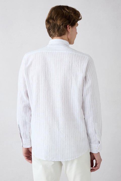 Light Brown Long Sleeve Regular Fit Striped Cotton Linen Breathable Shirt