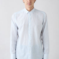 Light Blue Long Sleeve Regular Fit Striped Cotton Linen Breathable Shirt