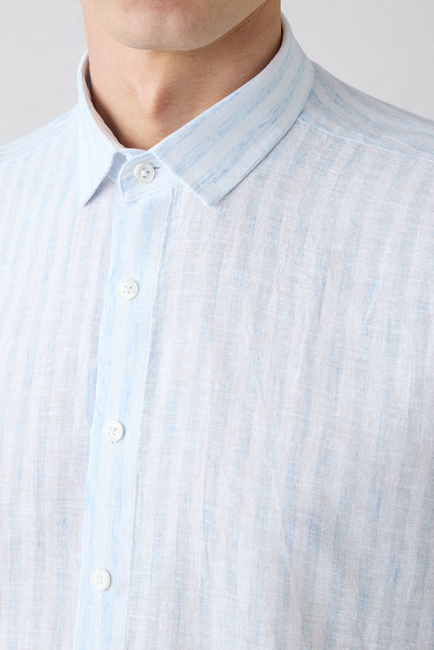 Light Blue Long Sleeve Regular Fit Striped Cotton Linen Breathable Shirt