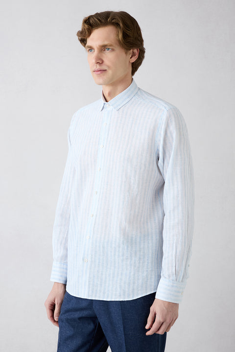Light Blue Long Sleeve Regular Fit Striped Cotton Linen Breathable Shirt