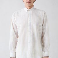 Light Beige Long Sleeve Regular Fit Striped Cotton Linen Breathable Shirt