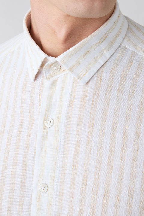 Light Beige Long Sleeve Regular Fit Striped Cotton Linen Breathable Shirt