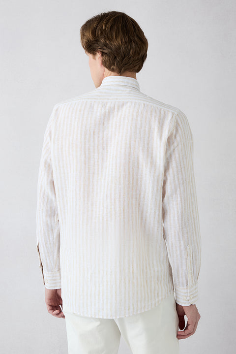 Light Beige Long Sleeve Regular Fit Striped Cotton Linen Breathable Shirt