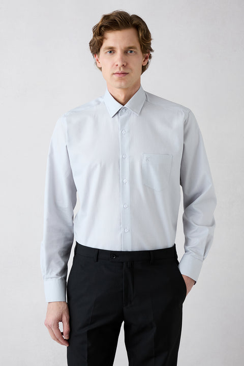 Light Gray Long Sleeve Regular Fit Classic Collar Pocketed Patterned Cotton Shirt