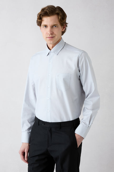 Light Gray Long Sleeve Regular Fit Classic Collar Pocketed Patterned Cotton Shirt