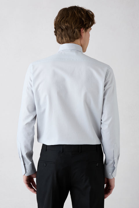 Light Gray Long Sleeve Regular Fit Classic Collar Pocketed Patterned Cotton Shirt