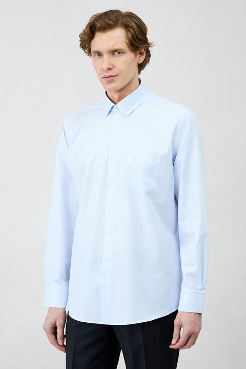 Light Blue Long Sleeve Regular Fit Classic Collar Pocketed Patterned Cotton Shirt
