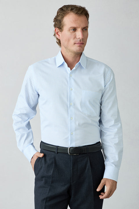 Light Blue Long Sleeve Regular Fit Cotton Plaid Shirt