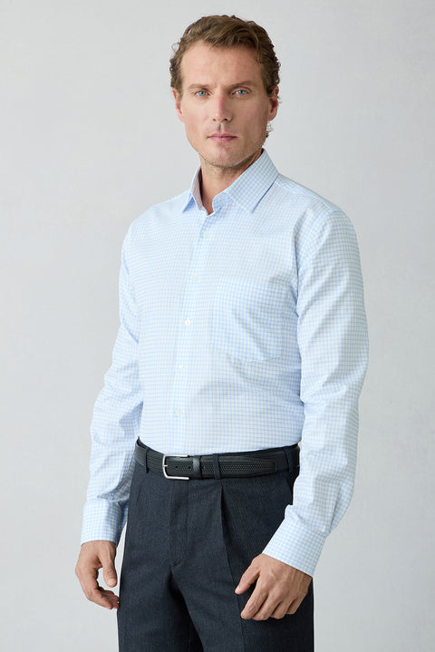 Light Blue Long Sleeve Regular Fit Cotton Plaid Shirt