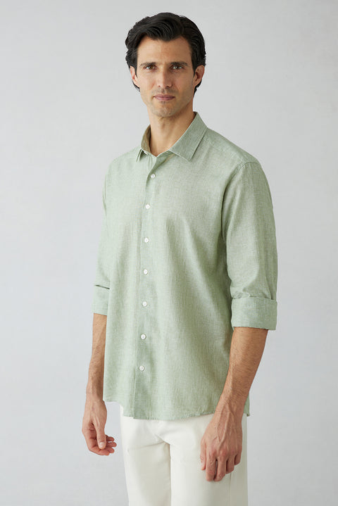 Celadon Green Long Sleeve Regular Fit Striped Linen Look Sport Shirt