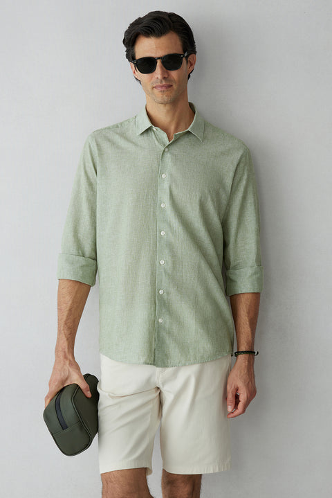 Celadon Green Long Sleeve Regular Fit Striped Linen Look Sport Shirt