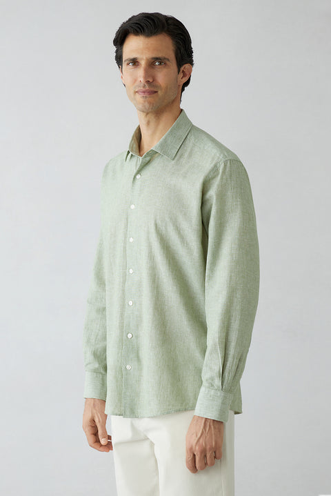 Celadon Green Long Sleeve Regular Fit Striped Linen Look Sport Shirt