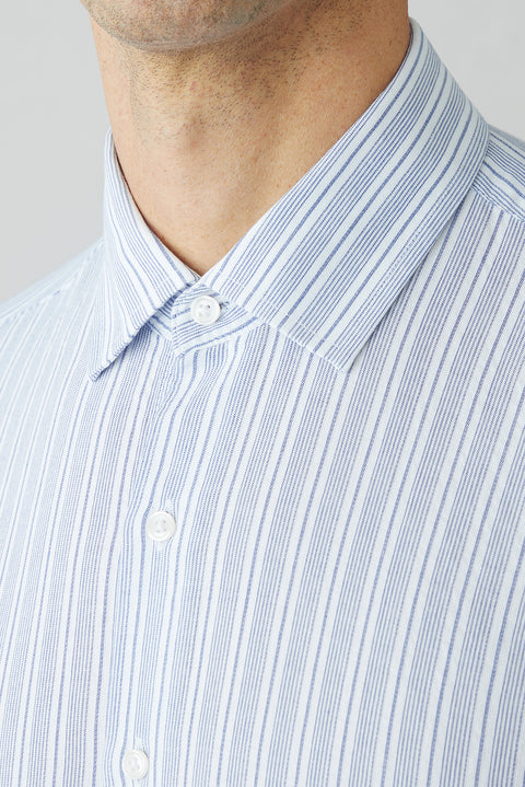 Açık Lacivert Uzun Kol Slim Fit Çizgili Spor %100 Pamuk Gömlek