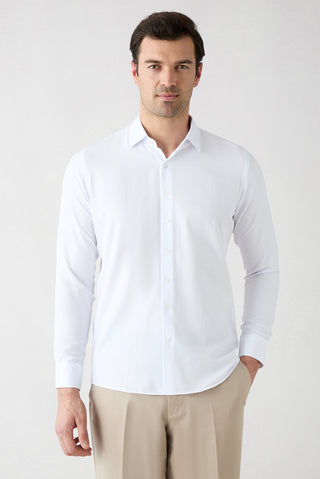 Beyaz Uzun Kol Slim Fit Klasik Desenli Pamuklu Kolay Ütülenebilir Gömlek