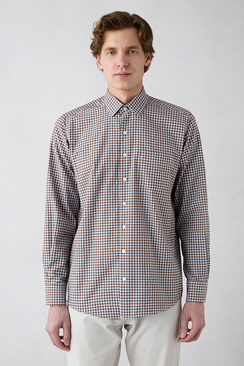 Medium Brown Long Sleeve Regular Fit Plaid Cotton Easy-Iron Shirt