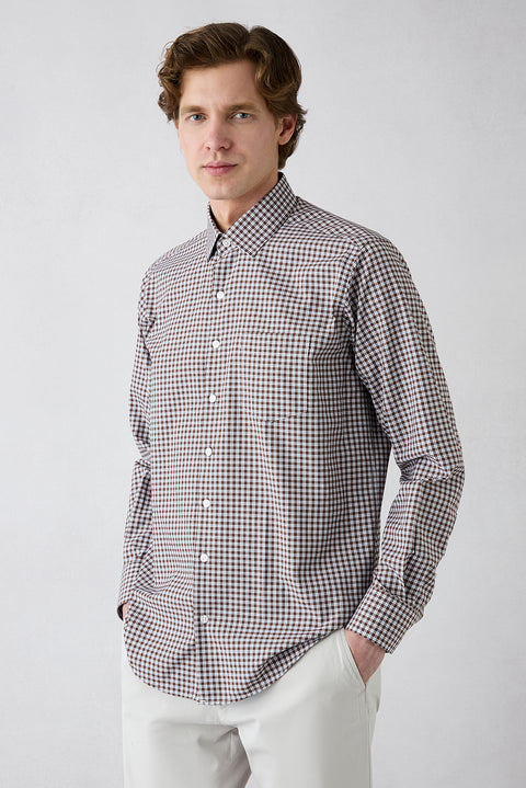 Medium Brown Long Sleeve Regular Fit Plaid Cotton Easy-Iron Shirt