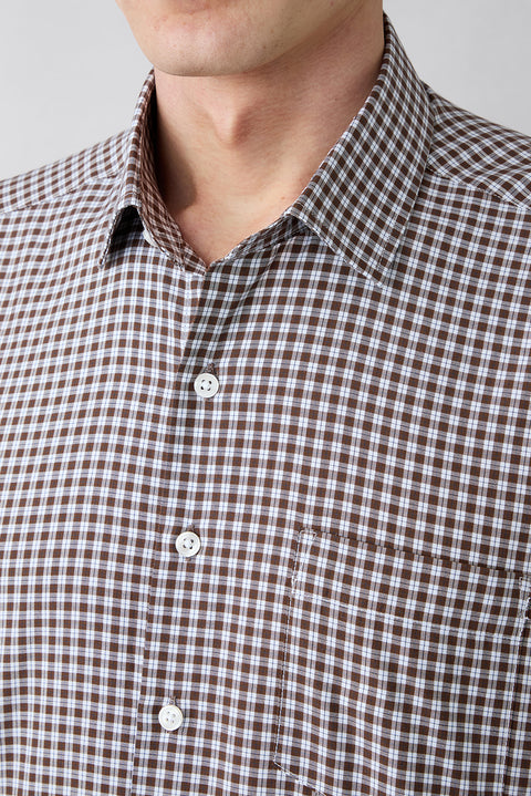 Medium Brown Long Sleeve Regular Fit Plaid Cotton Easy-Iron Shirt
