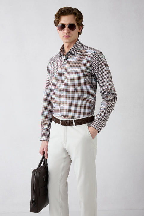 Medium Brown Long Sleeve Regular Fit Plaid Cotton Easy-Iron Shirt