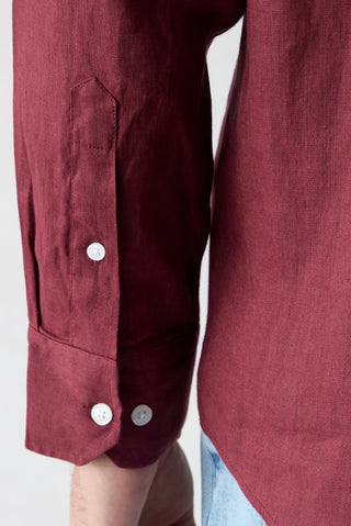 Açık Bordo Uzun Kol Regular Fit Düğmeli Yaka Cepli %100 Keten Gömlek