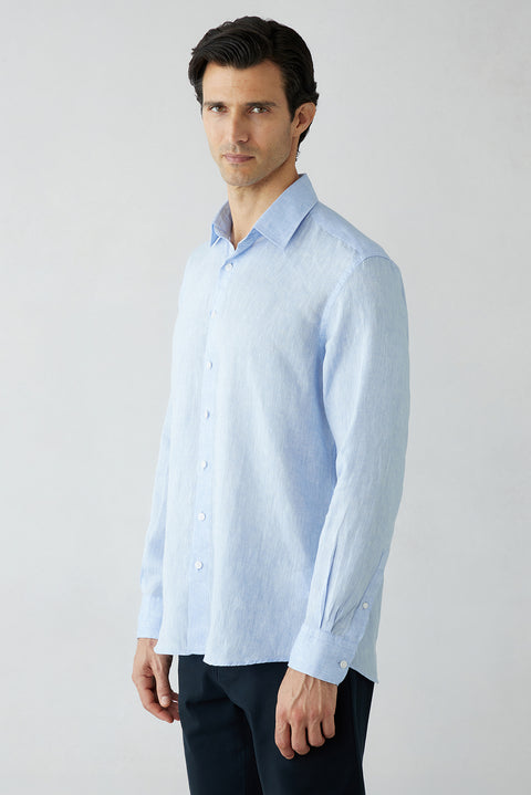 Açık Mavi Uzun Kol Regular Fit %100 Keten Spor Gömlek