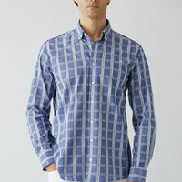 Dark Blue Long Sleeve Regular Fit Button-Down Collar Sport Plaid Pocket 100% Cotton Shirt