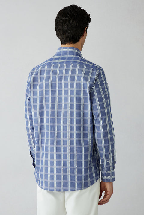 Dark Blue Long Sleeve Regular Fit Button-Down Collar Sport Plaid Pocket 100% Cotton Shirt