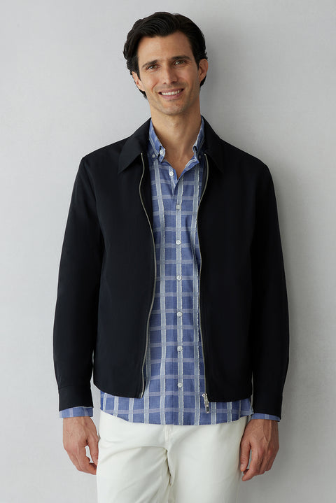 Dark Blue Long Sleeve Regular Fit Button-Down Collar Sport Plaid Pocket 100% Cotton Shirt