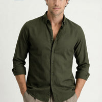 Military Khaki Long Sleeve Regular Fit Button-Down Collar Sports Breathable Cotton Linen Look Shirt