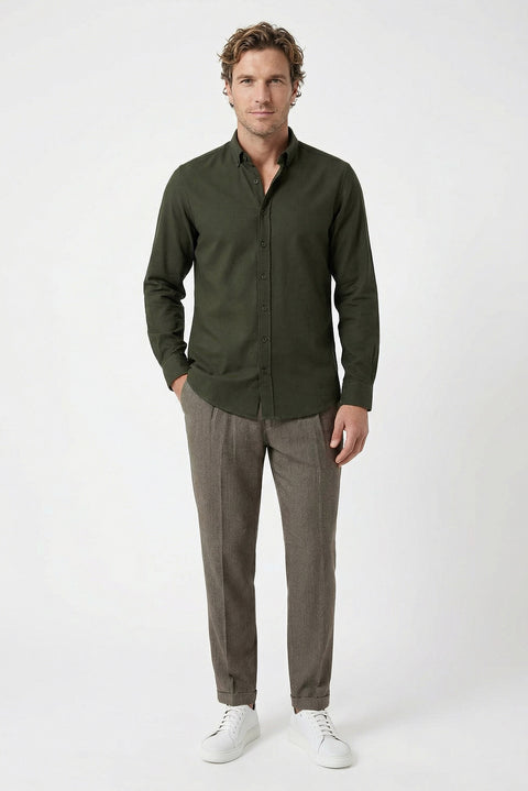 Military Khaki Long Sleeve Regular Fit Button-Down Collar Sports Breathable Cotton Linen Look Shirt