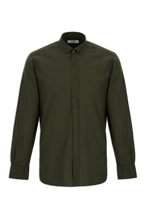 Military Khaki Long Sleeve Regular Fit Button-Down Collar Sports Breathable Cotton Linen Look Shirt
