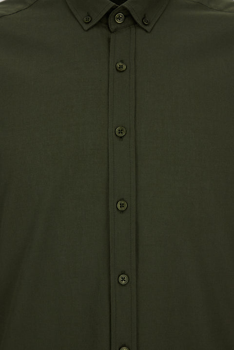 Military Khaki Long Sleeve Regular Fit Button-Down Collar Sports Breathable Cotton Linen Look Shirt