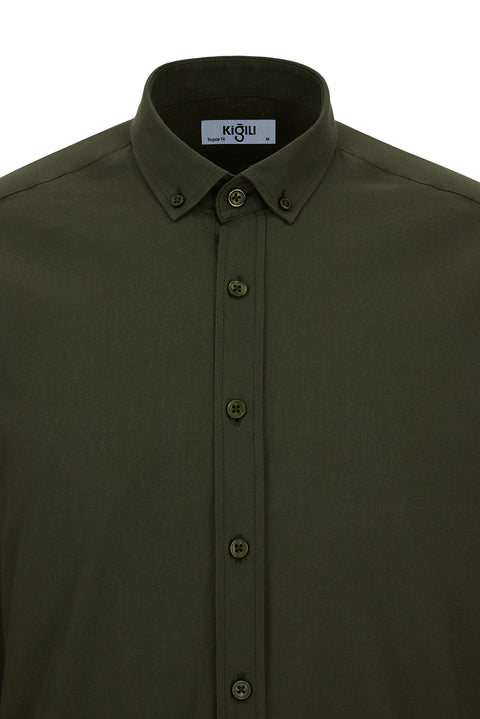 Military Khaki Long Sleeve Regular Fit Button-Down Collar Sports Breathable Cotton Linen Look Shirt