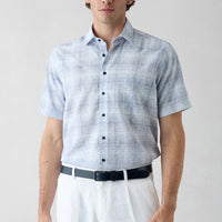 Dark Navy Short Sleeve Regular Fit Pocketed Linen Blend Plaid Sport Shirt