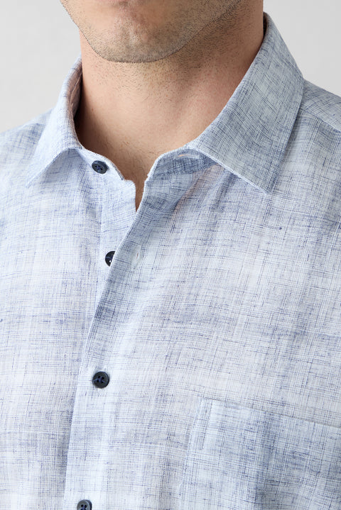 Dark Navy Short Sleeve Regular Fit Pocketed Linen Blend Plaid Sport Shirt