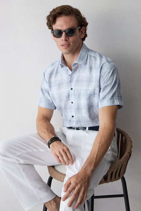 Dark Navy Short Sleeve Regular Fit Pocketed Linen Blend Plaid Sport Shirt