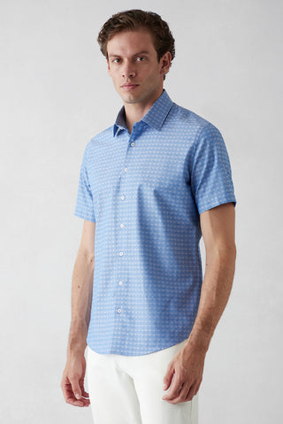 Koyu Mavi Kısa Kol Slim Fit Desenli Cepli %100 Pamuk Gömlek