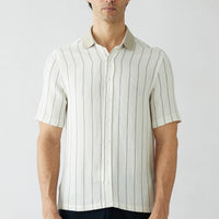 Ecru Short Sleeve Regular Fit Ribbed Collar Striped Cotton Sport Shirt