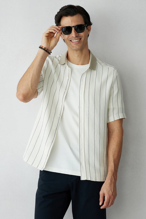 Ecru Short Sleeve Regular Fit Ribbed Collar Striped Cotton Sport Shirt