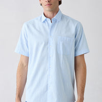Pale Blue Short Sleeve Regular Fit Pocketed 100% Cotton Linen Look Shirt