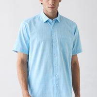 Blue Short Sleeve Regular Fit Pocket 100% Cotton Linen Look Shirt