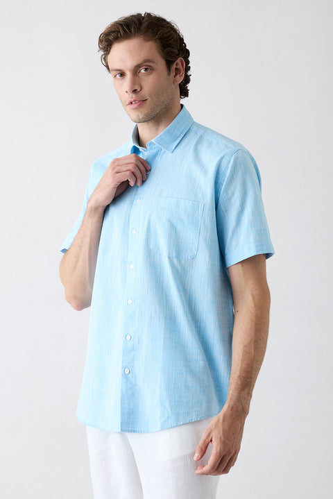 Blue Short Sleeve Regular Fit Pocket 100% Cotton Linen Look Shirt