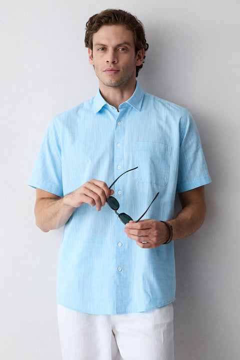 Blue Short Sleeve Regular Fit Pocket 100% Cotton Linen Look Shirt